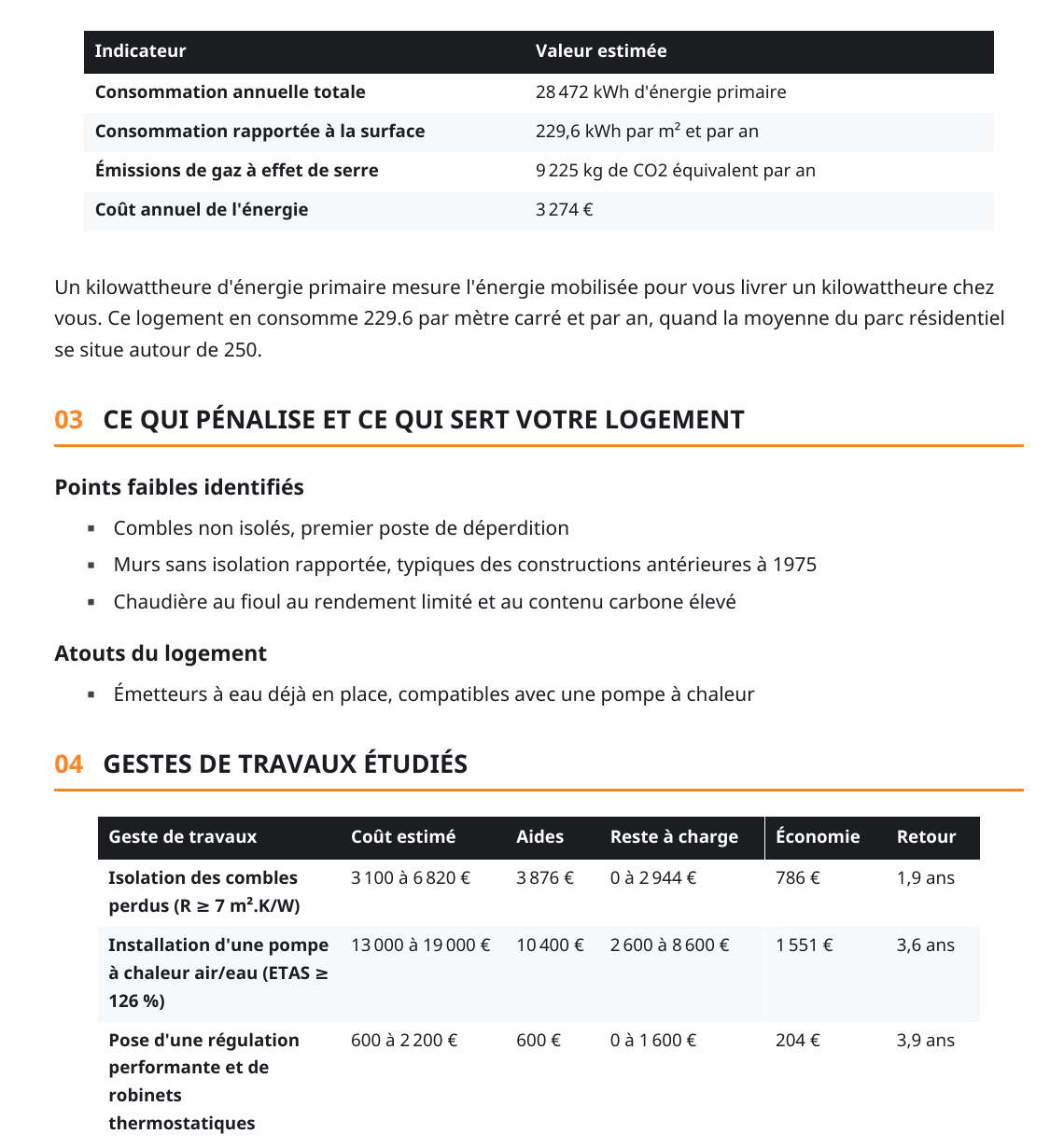 Extrait d'un rapport de pré-diagnostic CEE AUDIT : tableau des indicateurs énergétiques, points faibles et chiffrage des travaux